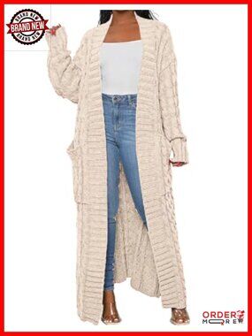 Women's Cable Knit Open Front Cardigan Extra Long Ankle Length Sweater